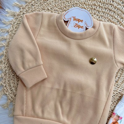 Conj. Blusa em Malha Cotele e Calça em Plush Esquila - Areia e Rosa